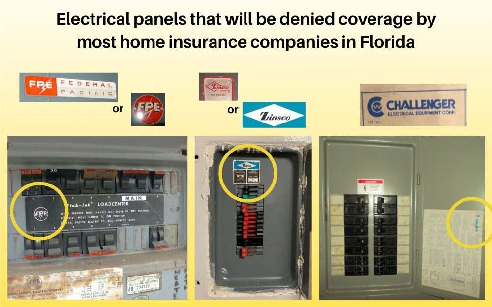Electrical panel brands that most home insurance companies will deny coverage for in South Florida — Federal Pacific, Zinsco, Challenger, Pushmatic, and fuse boxes